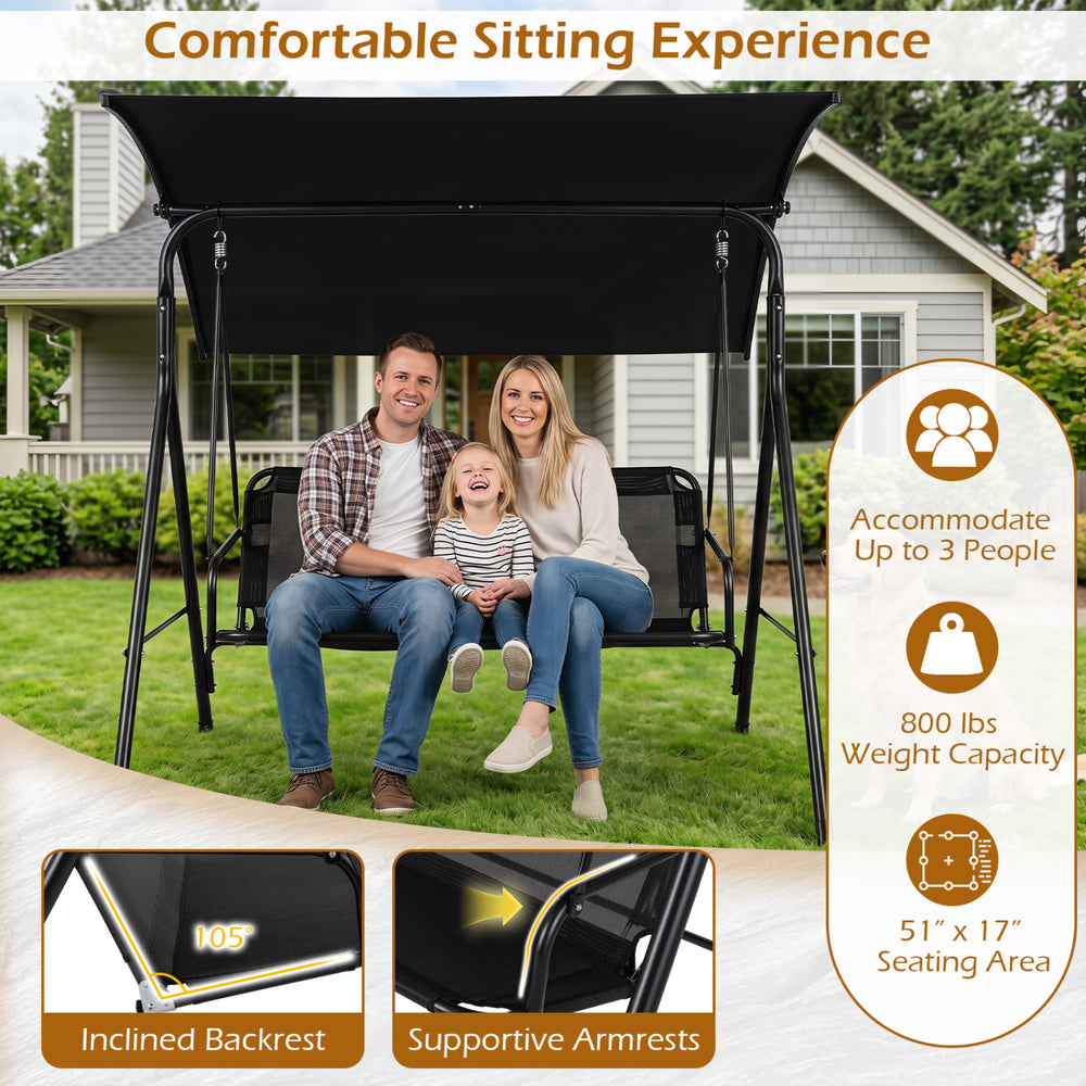 Inclined backrest and supportive armrests of the 3-seat patio swing chair, designed for comfortable outdoor relaxation.