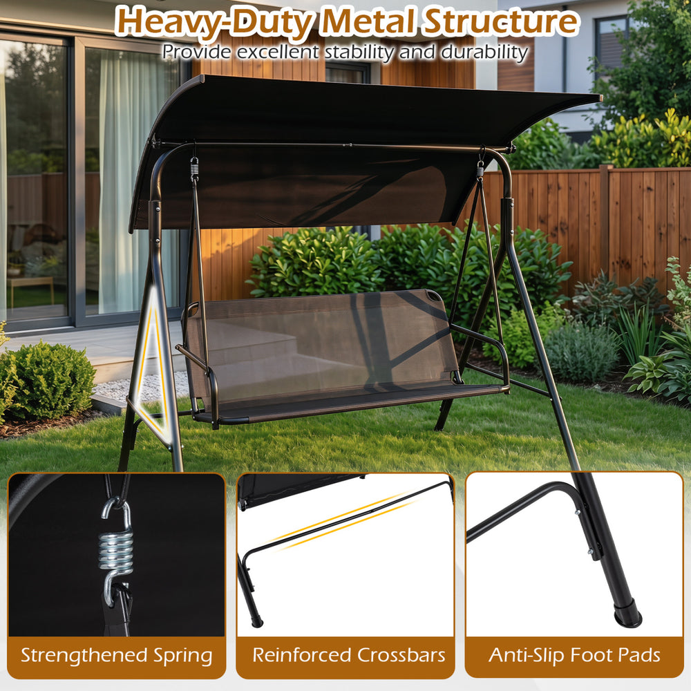 Close-up of the heavy-duty metal frame and strengthened spring of the 3-seat patio swing chair for reliable outdoor use.