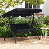 Three-seat outdoor patio canopy swing with cushioned black steel frame, ideal for relaxing in your garden.