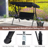 Three-seat outdoor patio canopy swing chair with cushioned black steel frame for comfort and UV protection.