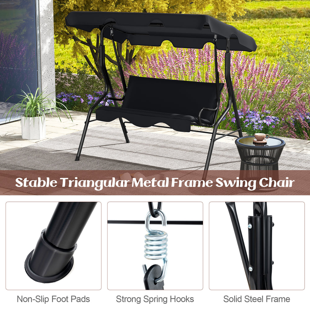 Three-seat outdoor patio canopy swing chair with cushioned black steel frame for comfort and UV protection.