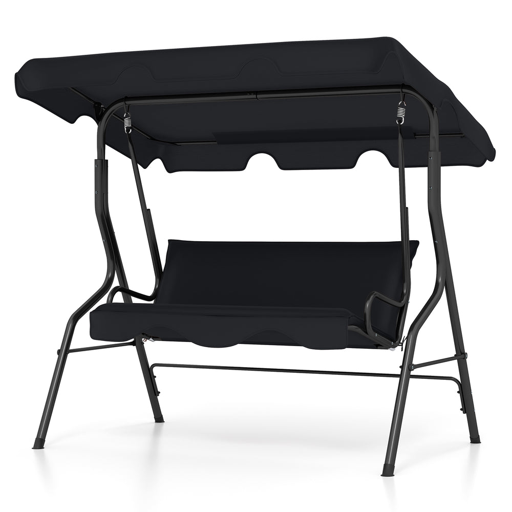Three-seat outdoor patio canopy swing with cushioned black steel frame, providing comfort and UV protection.