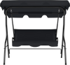 Three-seat outdoor patio canopy swing with cushioned black steel frame, perfect for relaxation in any weather.