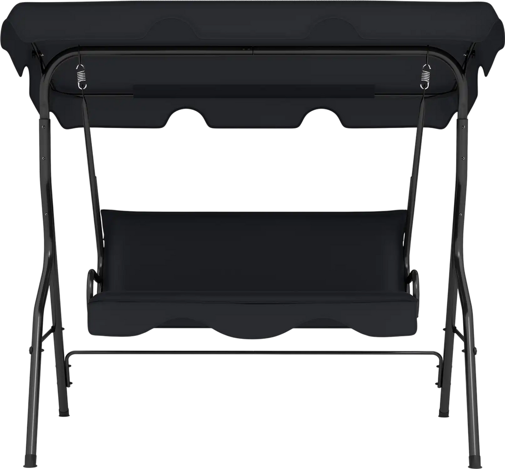 Three-seat outdoor patio canopy swing with cushioned black steel frame, perfect for relaxation in any weather.