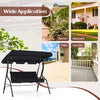 Three-seat outdoor patio canopy swing in black with cushioned steel frame, ideal for garden, backyard, or balcony.
