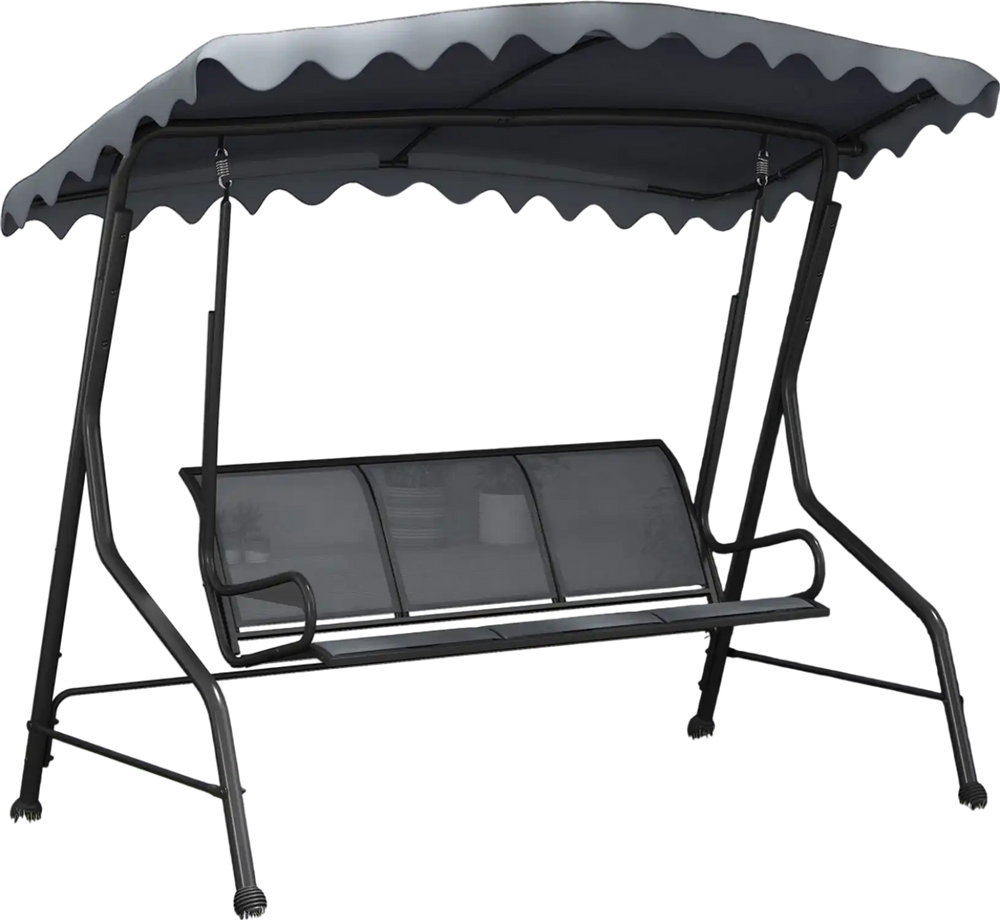 3-seat outdoor porch canopy swing in gray with adjustable shading, perfect for backyard relaxation and family enjoyment.