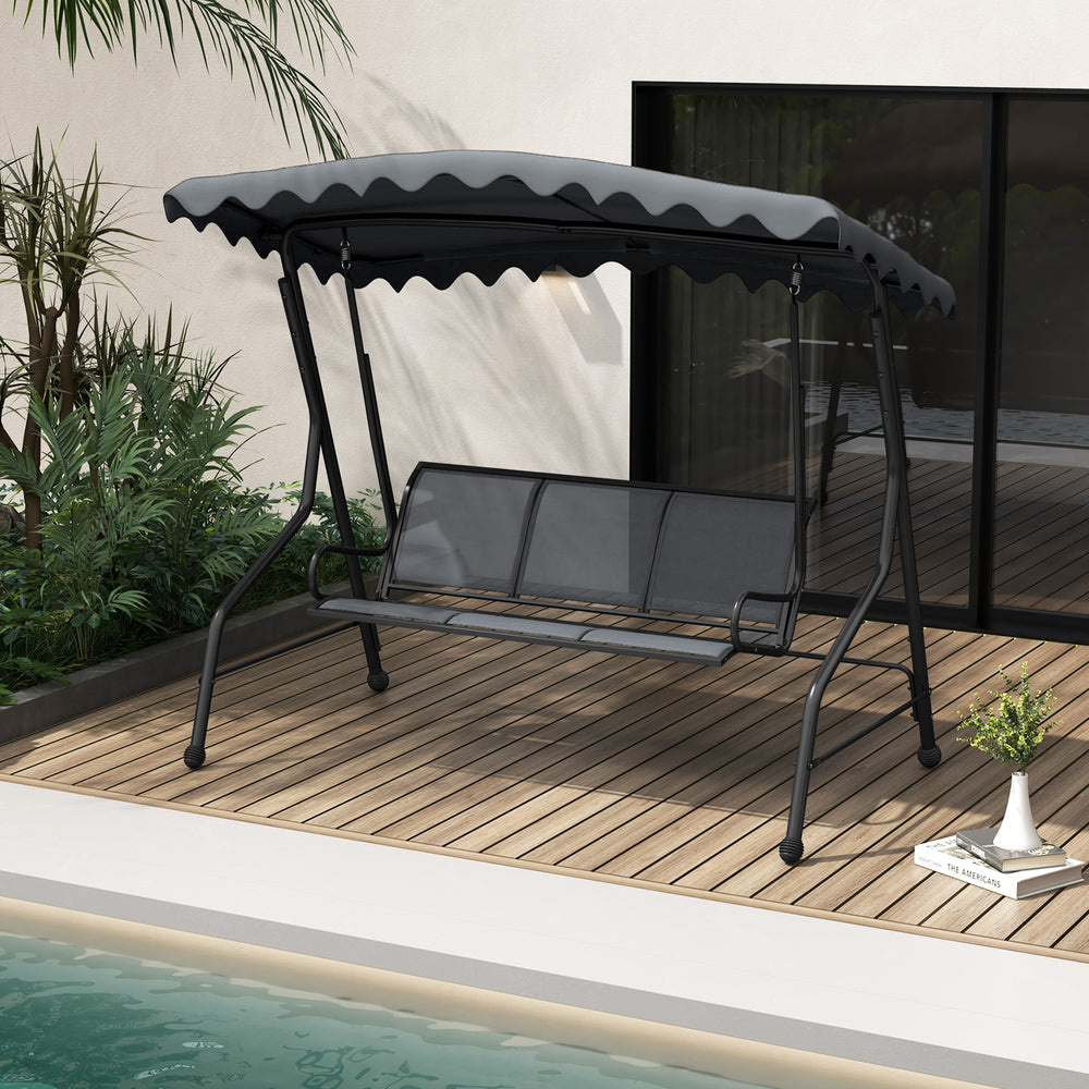 3-seat outdoor porch canopy swing in gray with adjustable shading, perfect for backyard or poolside relaxation.