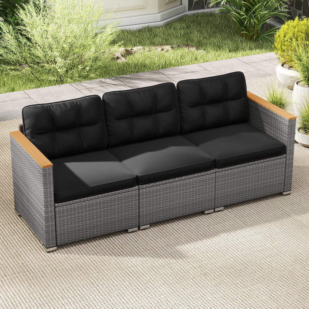 Three-seat patio couch sofa in grey PE rattan with black cushions, featuring solid acacia wood armrests for outdoor.