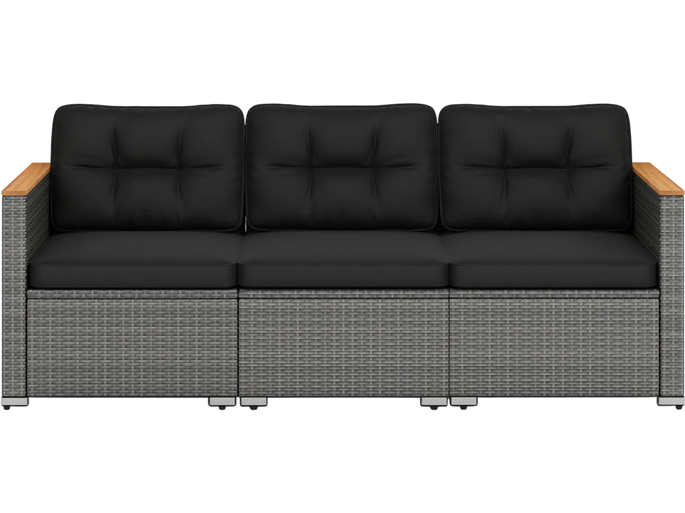 3-seat patio couch sofa in grey PE rattan with soft black cushions and acacia wood armrests, perfect for outdoor.