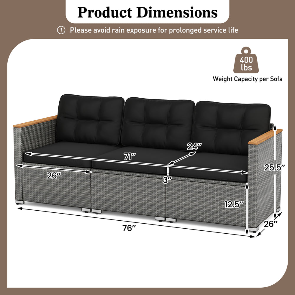 3-seat patio couch sofa with deep seating, PE rattan, and soft cushions, measuring 76" for outdoor comfort.