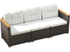 3-seat patio couch sofa with white cushions, hand-woven PE rattan, and solid acacia wood for outdoor relaxation.