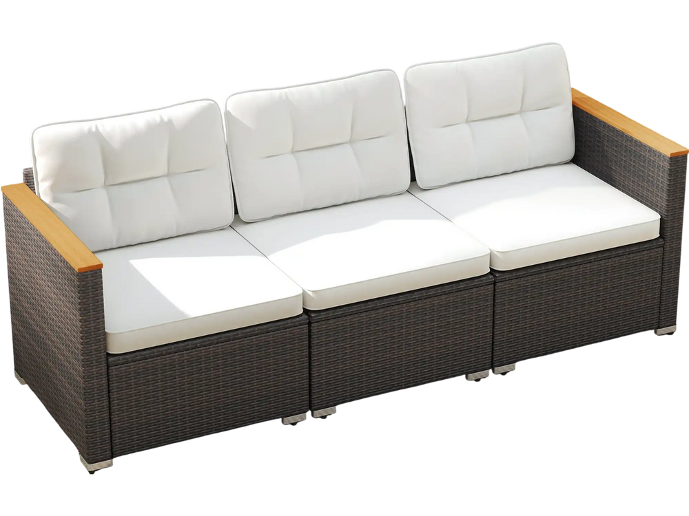 3-seat patio couch sofa with white cushions, hand-woven PE rattan, and solid acacia wood for outdoor relaxation.