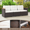 3-seat patio couch sofa with white cushions, hand-woven PE rattan, and sturdy acacia wood for outdoor comfort.