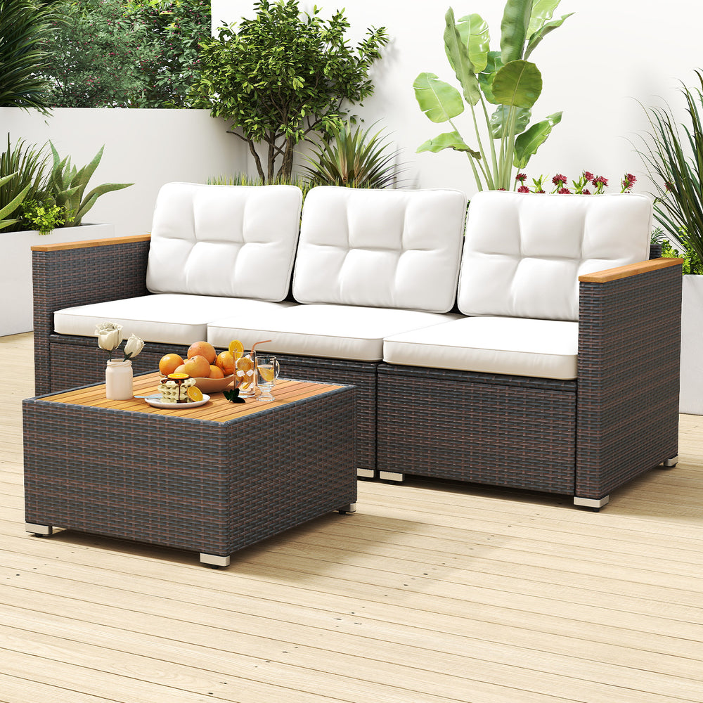 3-seat patio couch sofa with white cushions, hand-woven PE rattan, and acacia wood accents, perfect for outdoor.