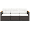 3-seat patio couch sofa with white cushions, hand-woven PE rattan, and solid acacia wood, perfect for outdoor.