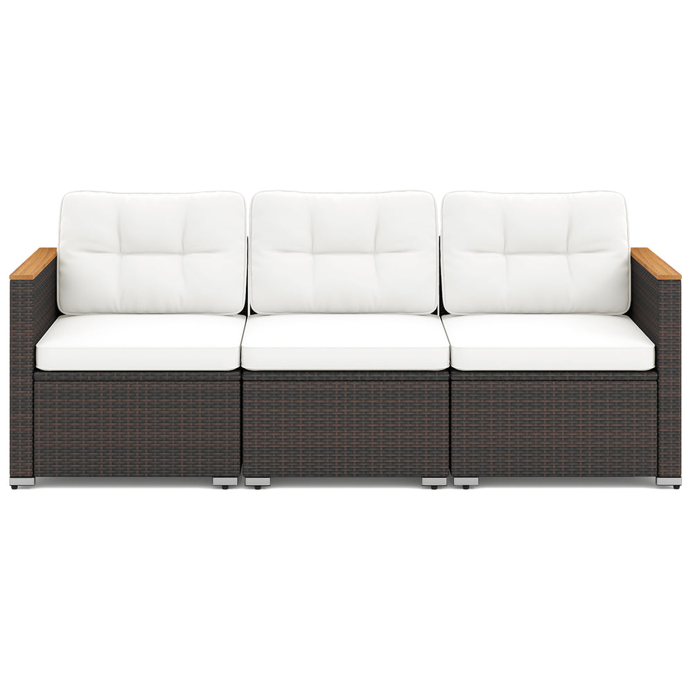 3-seat patio couch sofa with white cushions, hand-woven PE rattan, and solid acacia wood, perfect for outdoor.