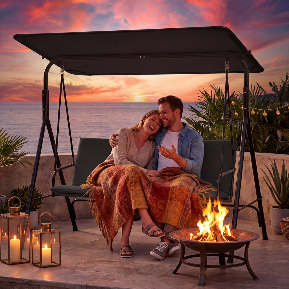 3-Seat Patio Swing Chair with Adjustable Canopy & Removable Cushion-Black - Gallery View 1 of 10