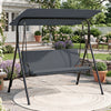 Gray 3-seat patio swing chair with a tilt canopy and soft cushions, designed for comfortable outdoor lounging.