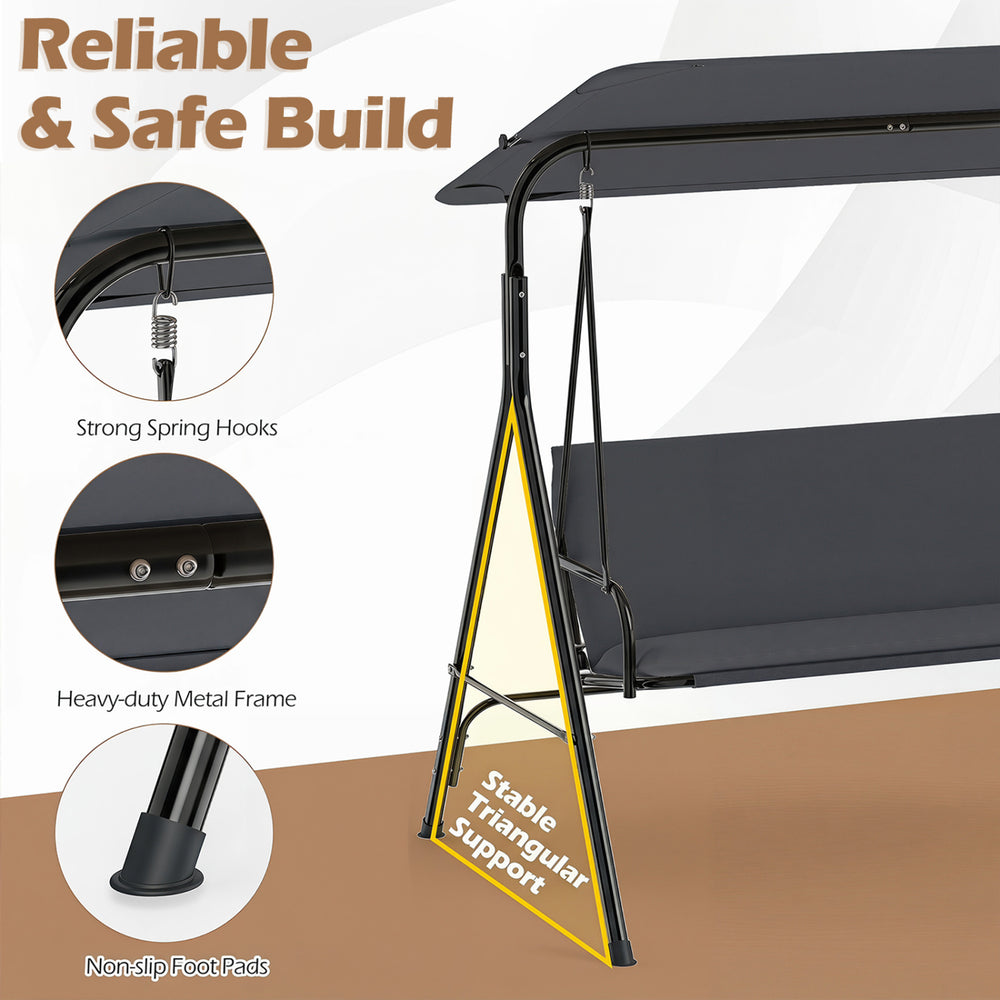 Close-up of the heavy-duty metal frame of the 3-seat patio swing chair with adjustable canopy for outdoor lounging.