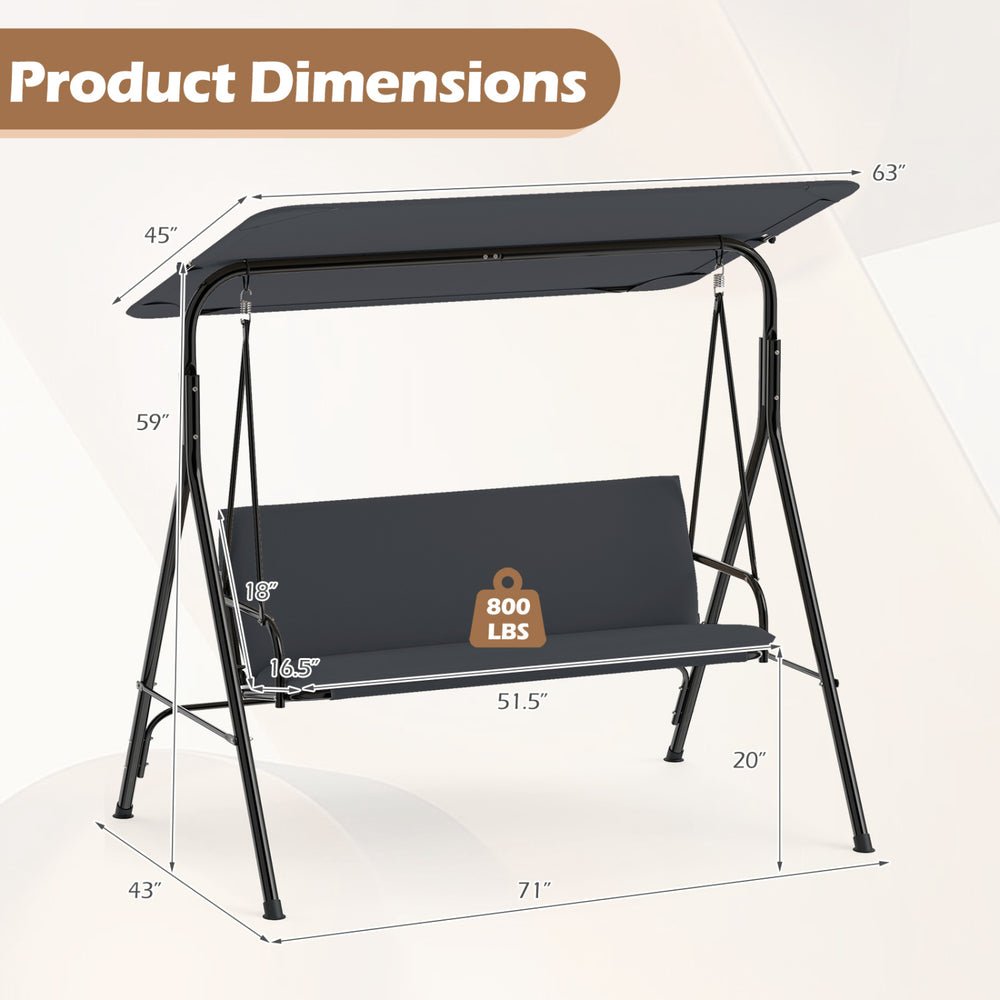 3-seat patio swing chair with adjustable canopy, gray fabric, and heavy-duty frame for outdoor lounging and comfort.