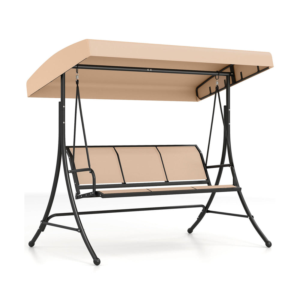 3-seat patio swing chair with adjustable canopy in black, featuring breathable fabric and ergonomic design for outdoor.