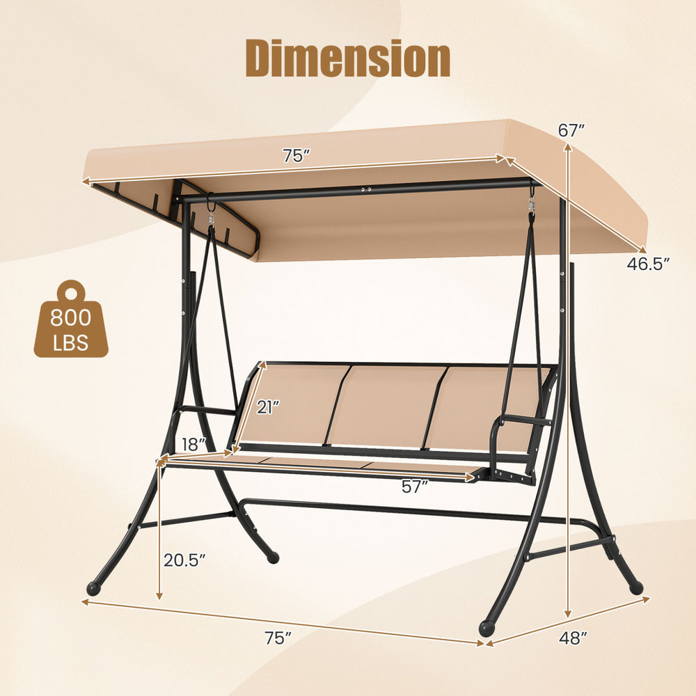 3-seat patio swing chair with adjustable canopy, black powder-coated frame, dimensions 75" x 48" x 67", for outdoor.