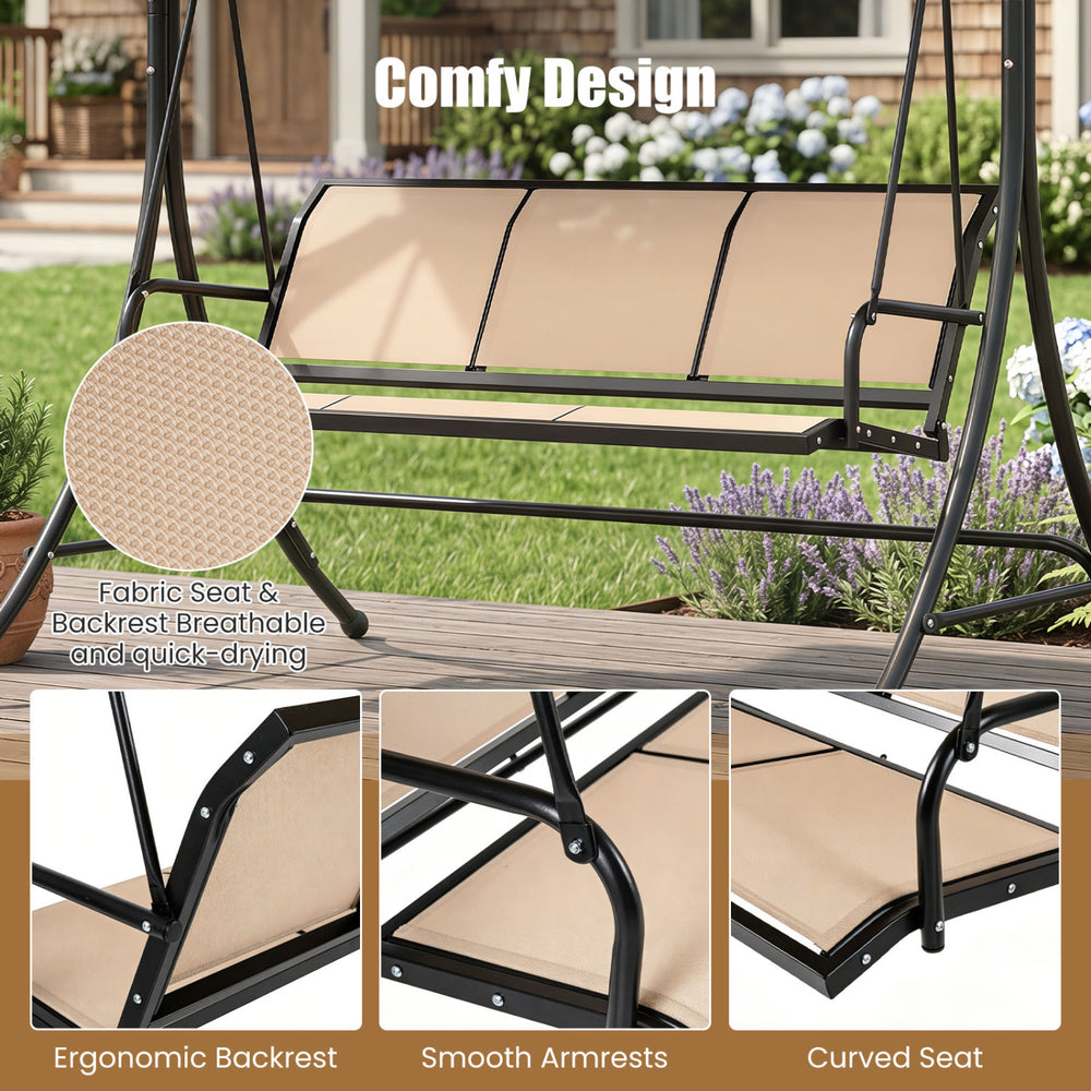 3-seat patio swing chair with adjustable canopy, breathable fabric seat, ergonomic backrest, and curved armrests for.