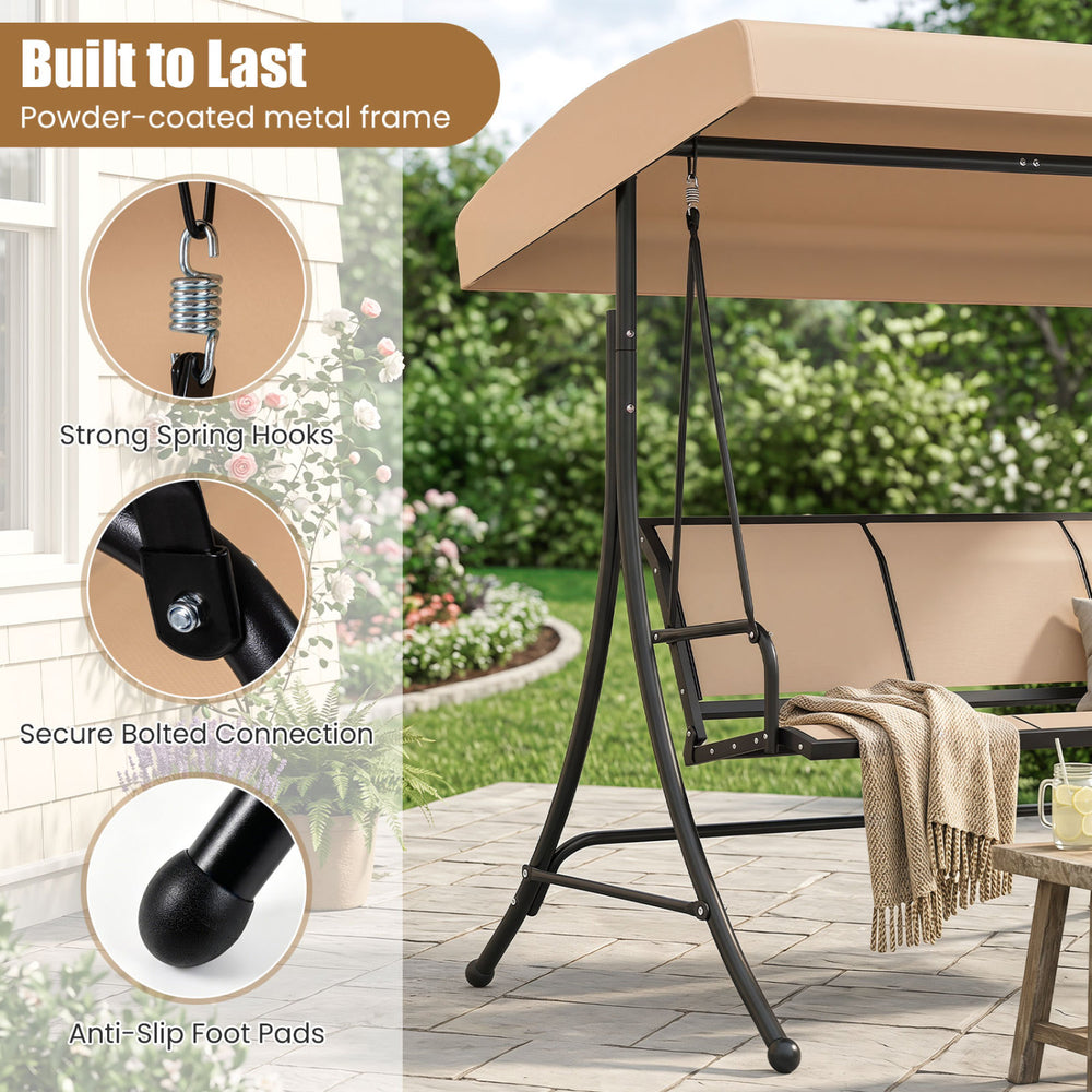 3-seat patio swing chair with adjustable canopy, black powder-coated metal frame, and anti-slip foot pads for outdoor.
