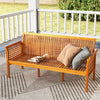Patio 3-seat wood bench made of acacia wood with soft cushions, perfect for garden or backyard relaxation.