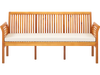 Patio 3-seat wood bench in acacia with white soft seat cushions, ergonomic backrest, ideal for garden or backyard use.