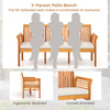 3-person patio bench with acacia wood, ergonomic backrest, and soft cushions, perfect for garden or backyard relaxation.