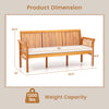 62.5-inch patio 3-seat wood bench dimensions with soft white cushions, made of acacia wood for garden or backyard use.