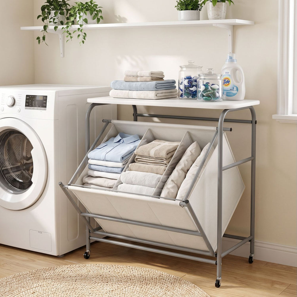 3-Section Laundry Sorter with Foldable Ironing Board and Lockable Wheels-Beige - Gallery View 1 of 10