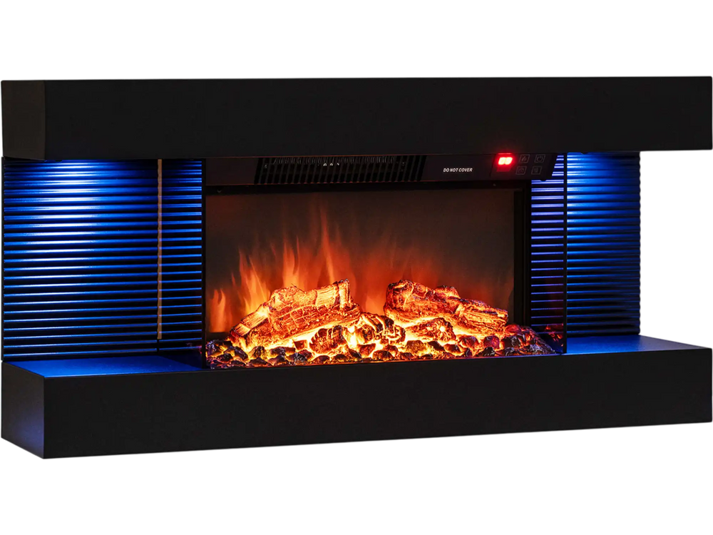 Three-sided black wall mount electric WiFi fireplace with floating mantel, featuring customizable flame colors and heating options.