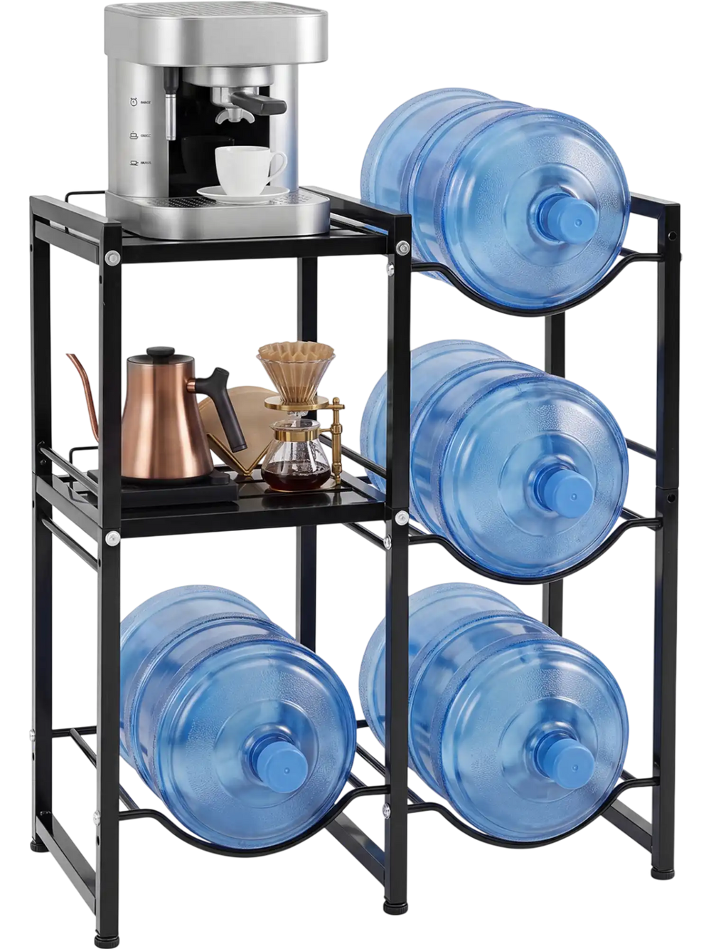 3-tier black water jug holder with shelves for four 5-gallon bottles, ideal for kitchen or office storage solutions.