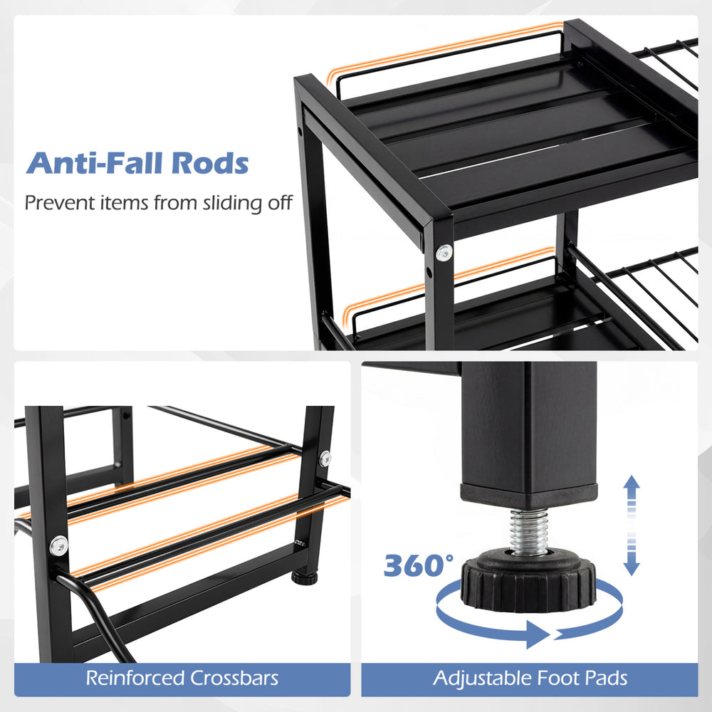 3-tier black water jug holder features anti-fall rods, reinforced crossbars, and adjustable foot pads for stability.