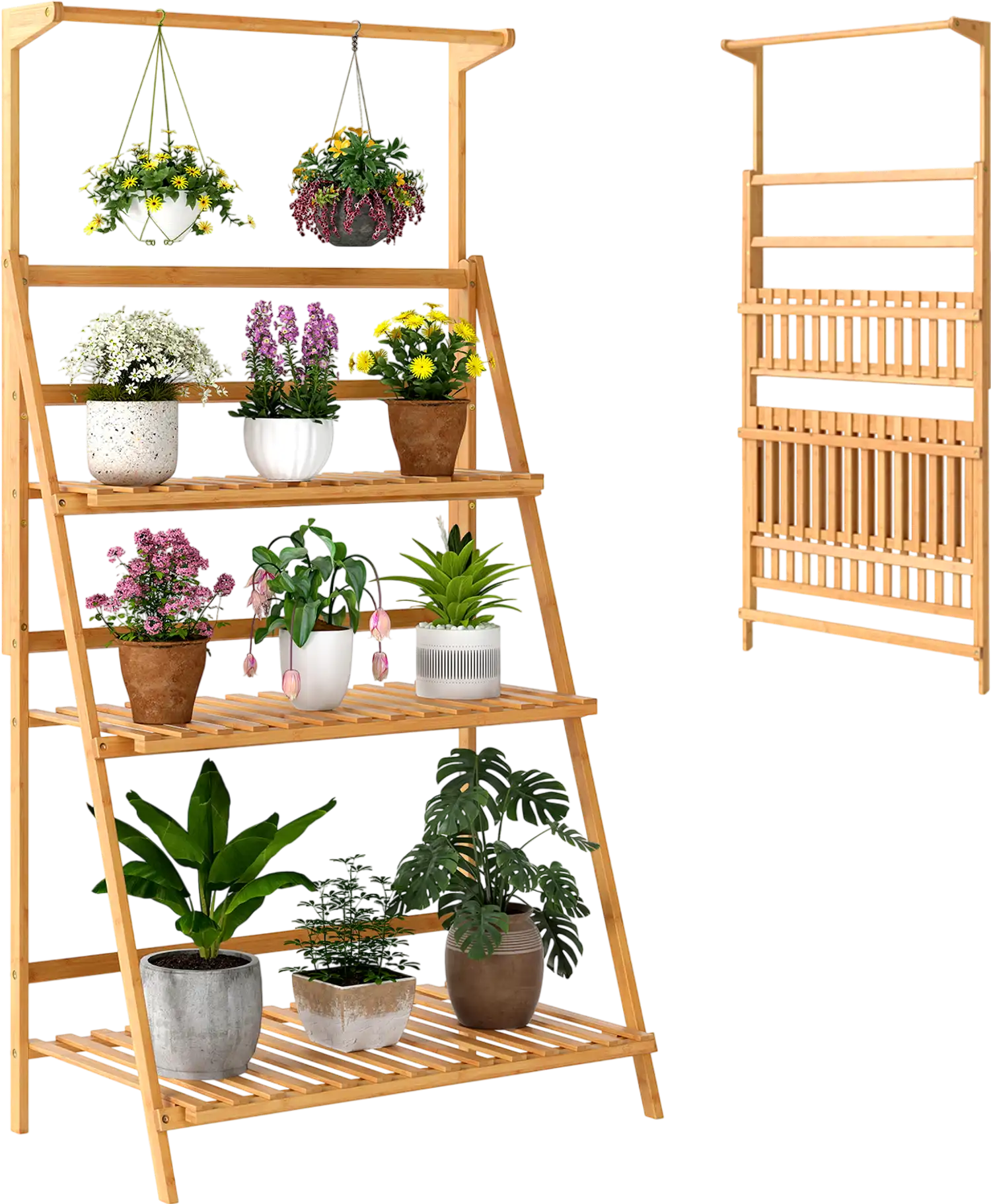 Costway 3-Tier Bamboo Hanging Plant Stand Height Adjustable Hanger Rod 924873651 New