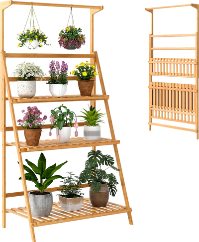 Costway 3-Tier Bamboo Hanging Plant Stand Height Adjustable Hanger Rod 924873651 New