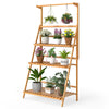3-tier bamboo plant stand with adjustable hanger rod, perfect for displaying various plants in tight spaces.