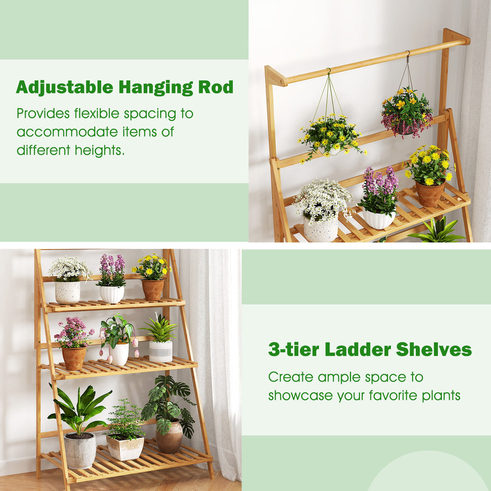 3-tier bamboo plant stand with adjustable hanging rod, perfect for displaying various plants in tight corners.