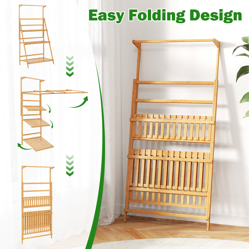 3-tier bamboo plant stand with adjustable hanger rod, featuring a folding design for versatile indoor display and.
