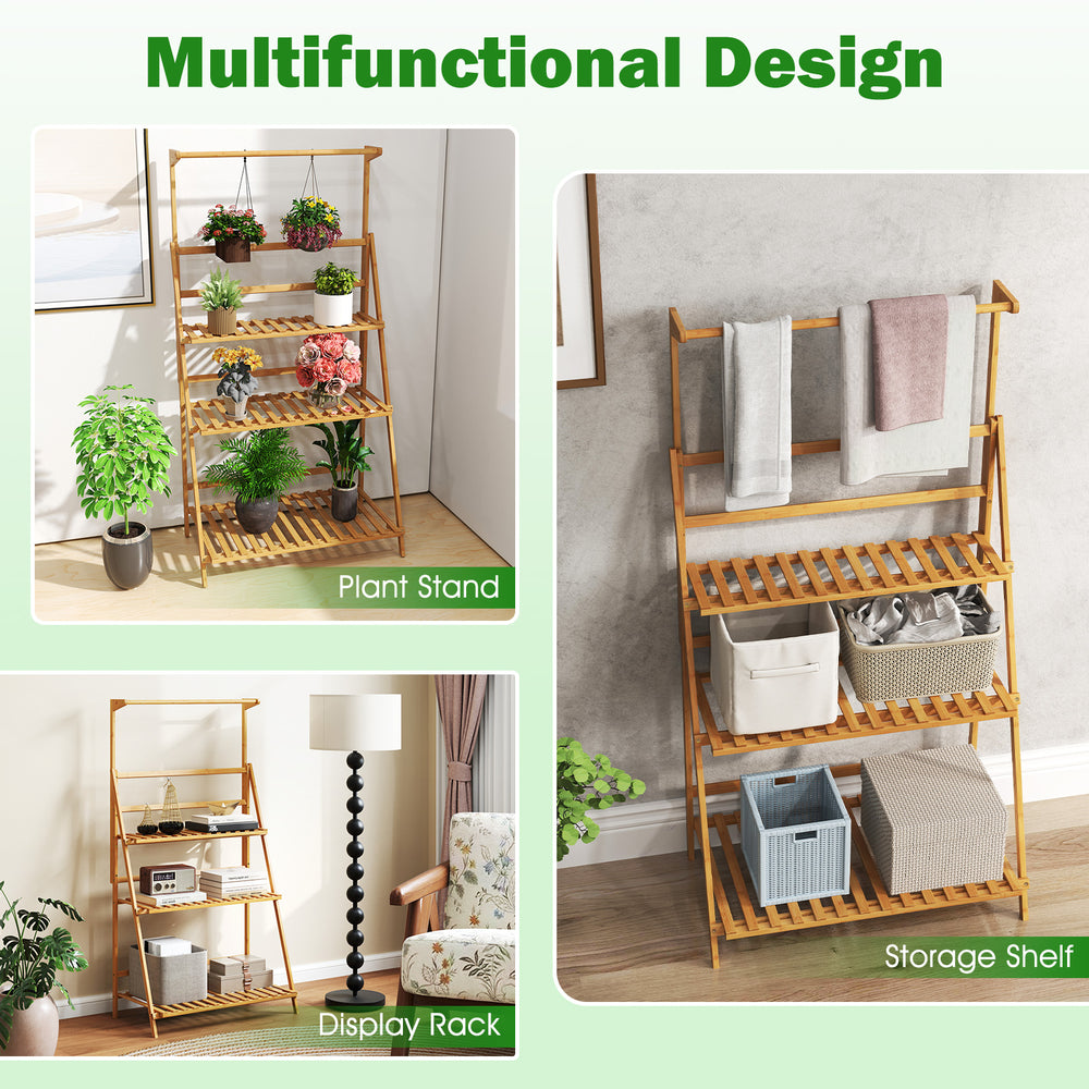 3-tier bamboo plant stand with adjustable hanger rod, perfect for displaying plants and storage in tight corners.