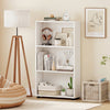 Three-tier white bookcase with anti-tipping kit, ideal for organized storage in living room or study.