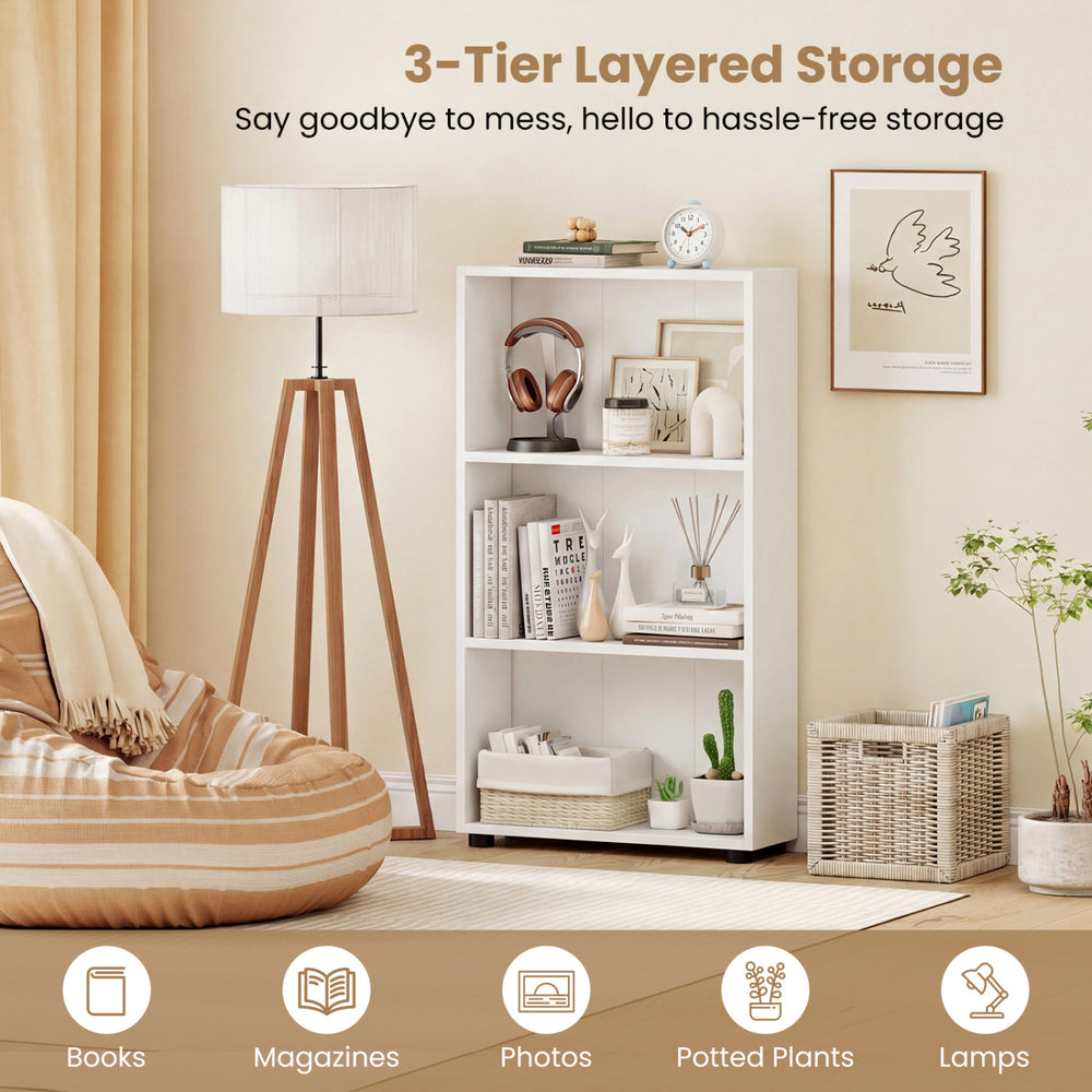 3-tier white bookcase with anti-tipping kit, ideal for organized storage in living room or bedroom.
