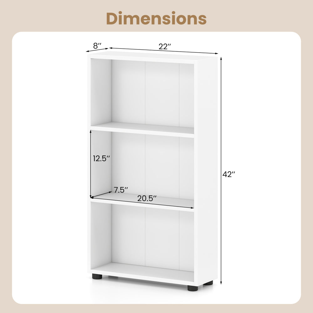 3-tier white bookcase with dimensions 42" tall, 22" wide, featuring an anti-tipping kit for stability and safety.