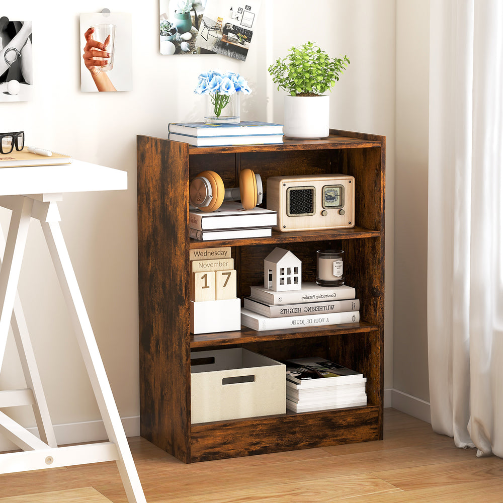 3-Tier Bookcase Open Display Rack Cabinet with Adjustable Shelves-Rustic Brown - Gallery View 1 of 11
