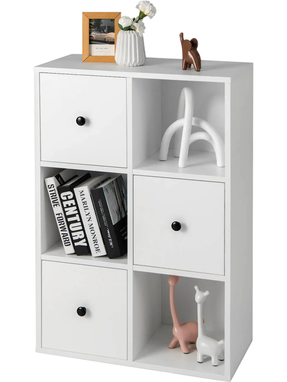 3-tier white bookcase featuring drawers, anti-toppling device, and smooth metal sliders for versatile storage solutions.