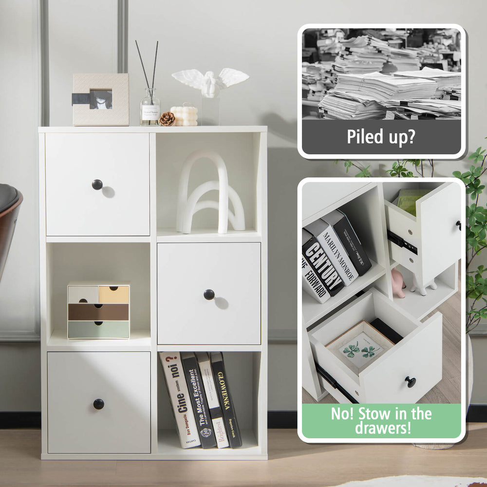 3-tier white bookcase featuring smooth metal sliders and anti-toppling device, ideal for living room organization.