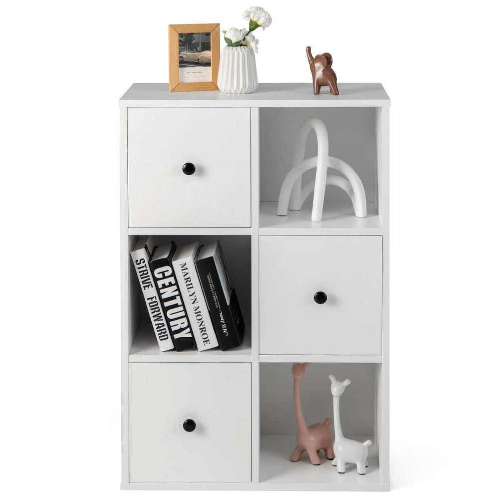 3-tier white bookcase featuring smooth metal sliders, anti-toppling device, and versatile storage for living room use.