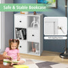 3-tier white bookcase with anti-toppling device, featuring smooth metal sliders and non-slip foot pads for safety.